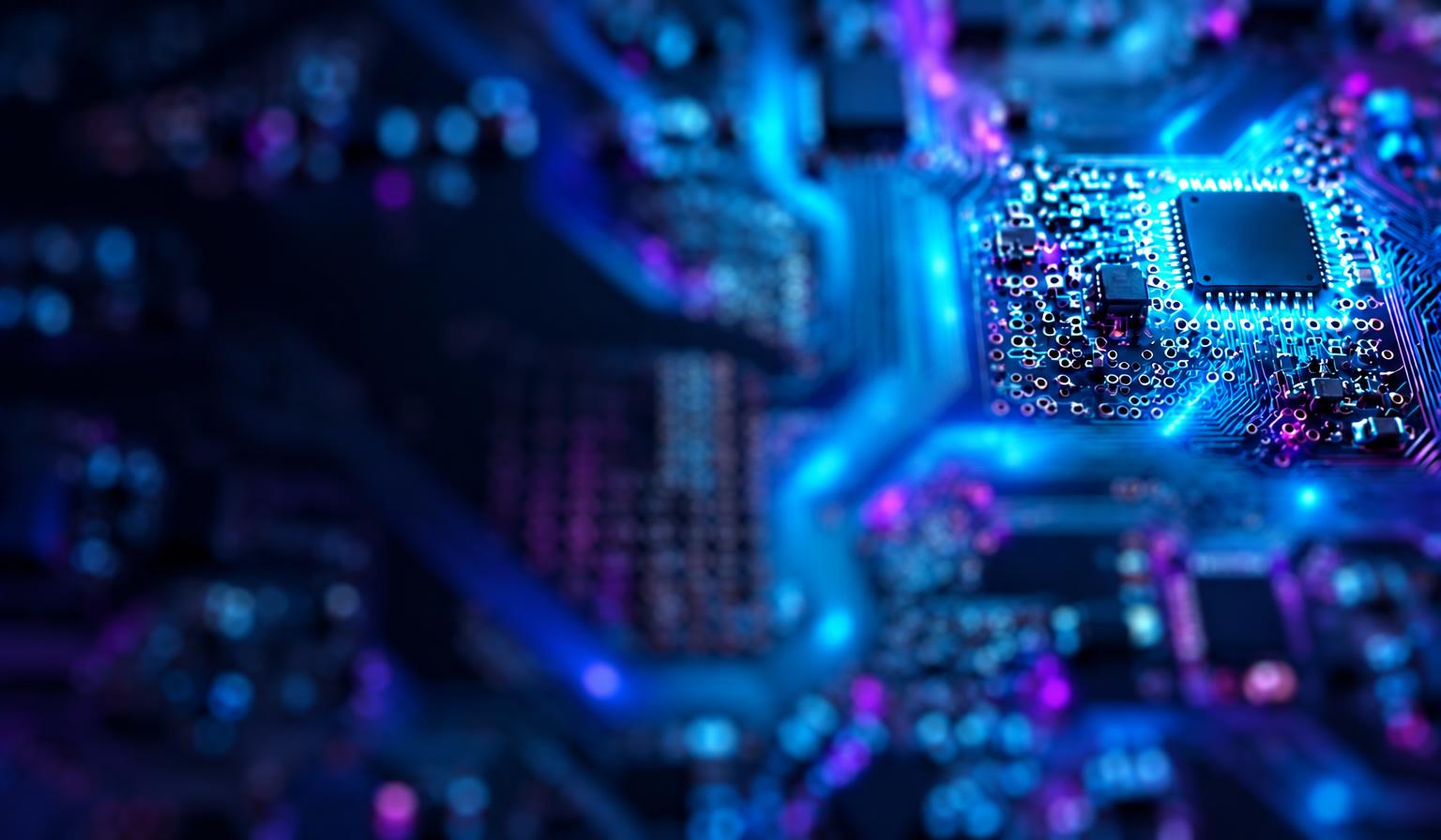 High-density printed circuit board with glowing chip